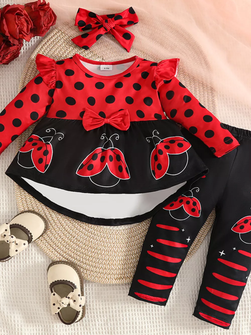 Children's Ladybug Print Ruffle Trim Top and Pants Set, image 2