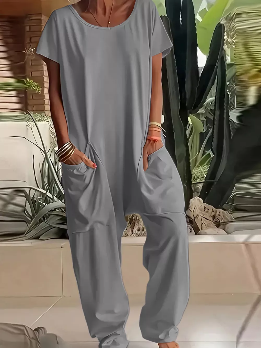Full Size Loose Fit V-Neck Short Sleeve Wide Leg Jumpsuit Plus Size, image 8