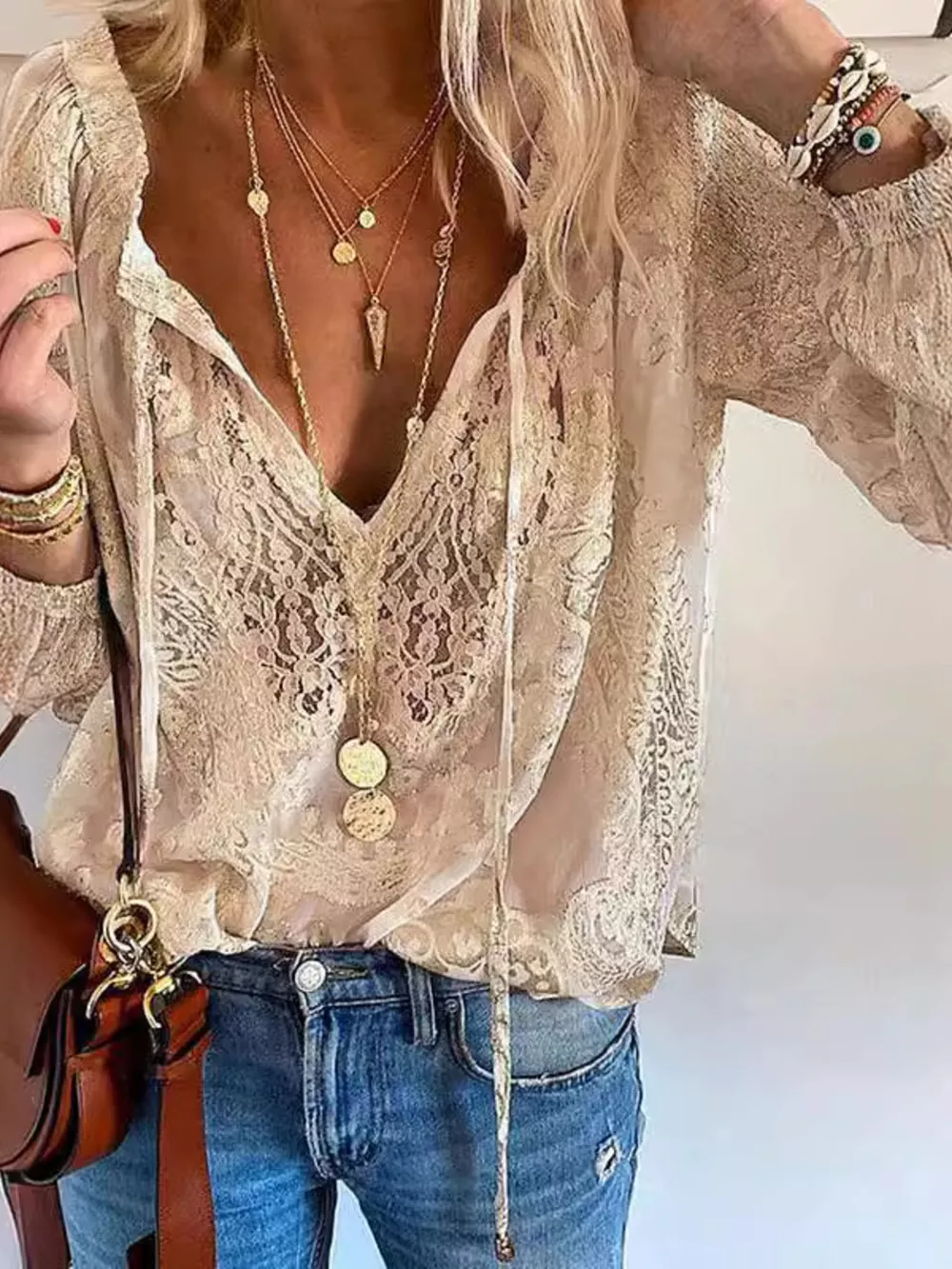 Lace Tie Neck Long Sleeve Blouse