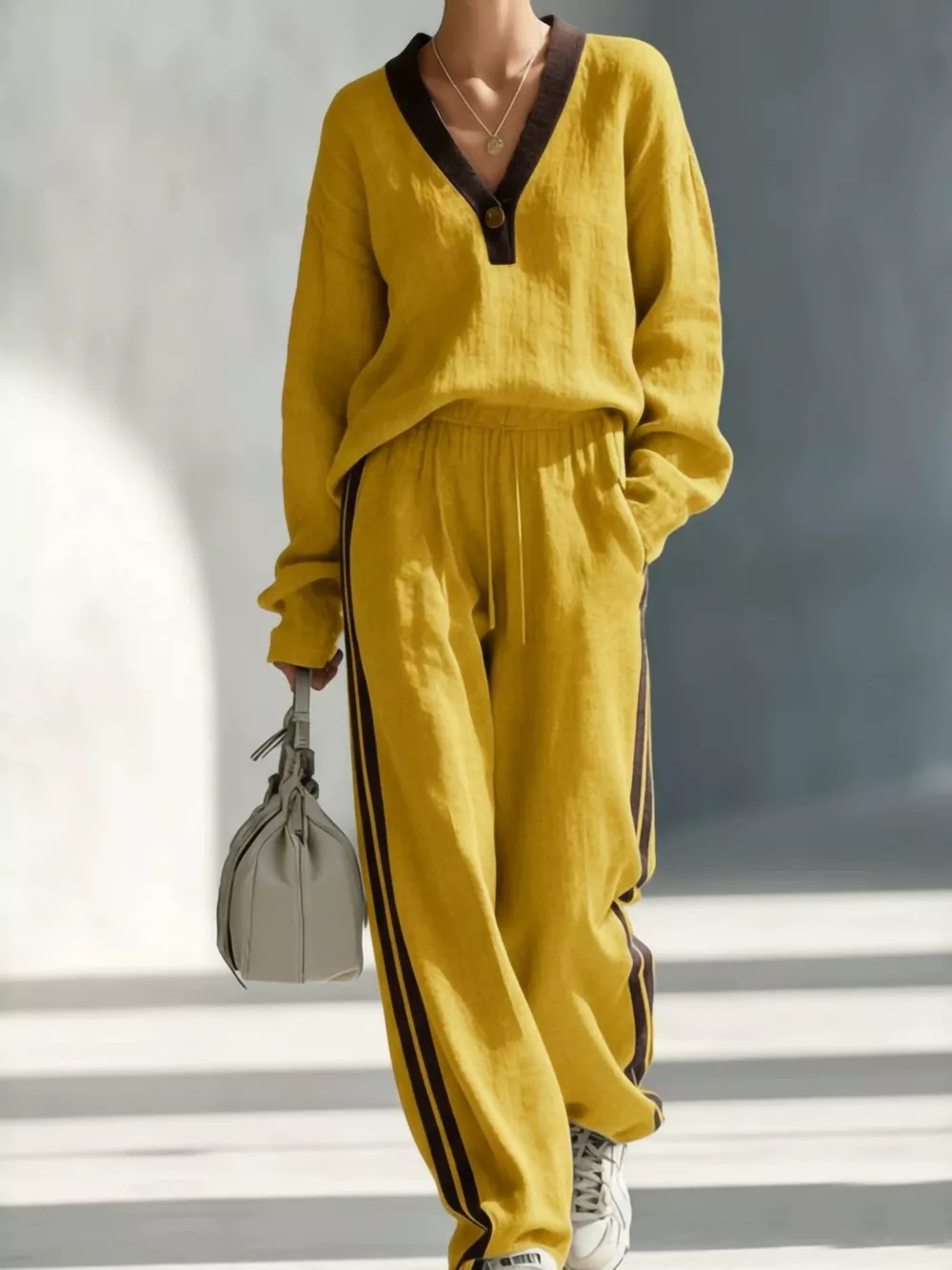 Contrast V-Neck Top and Striped Pants Set, image 8