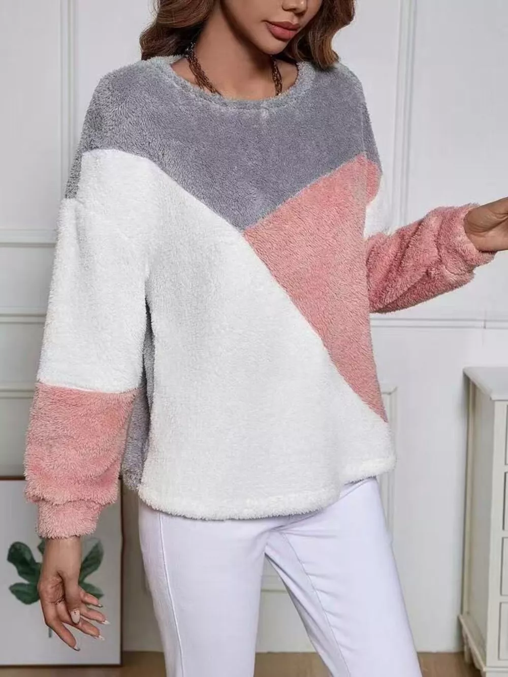 Color Block Fuzzy Knit Sweatshirt, image 5