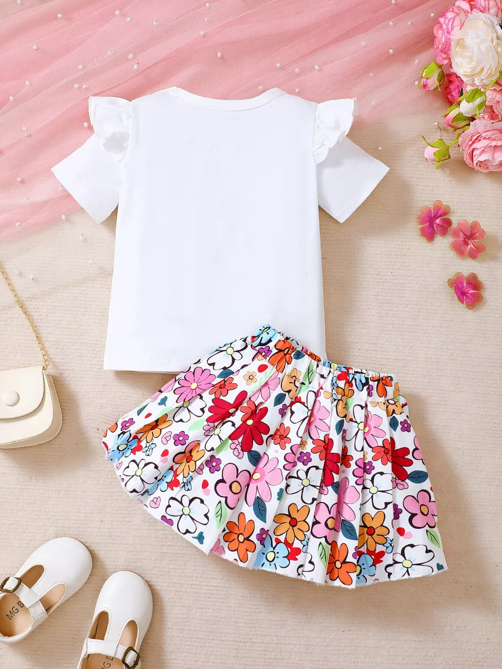 Children's Floral Graphic Ruffle Sleeve Top & Skirt Set, image 5