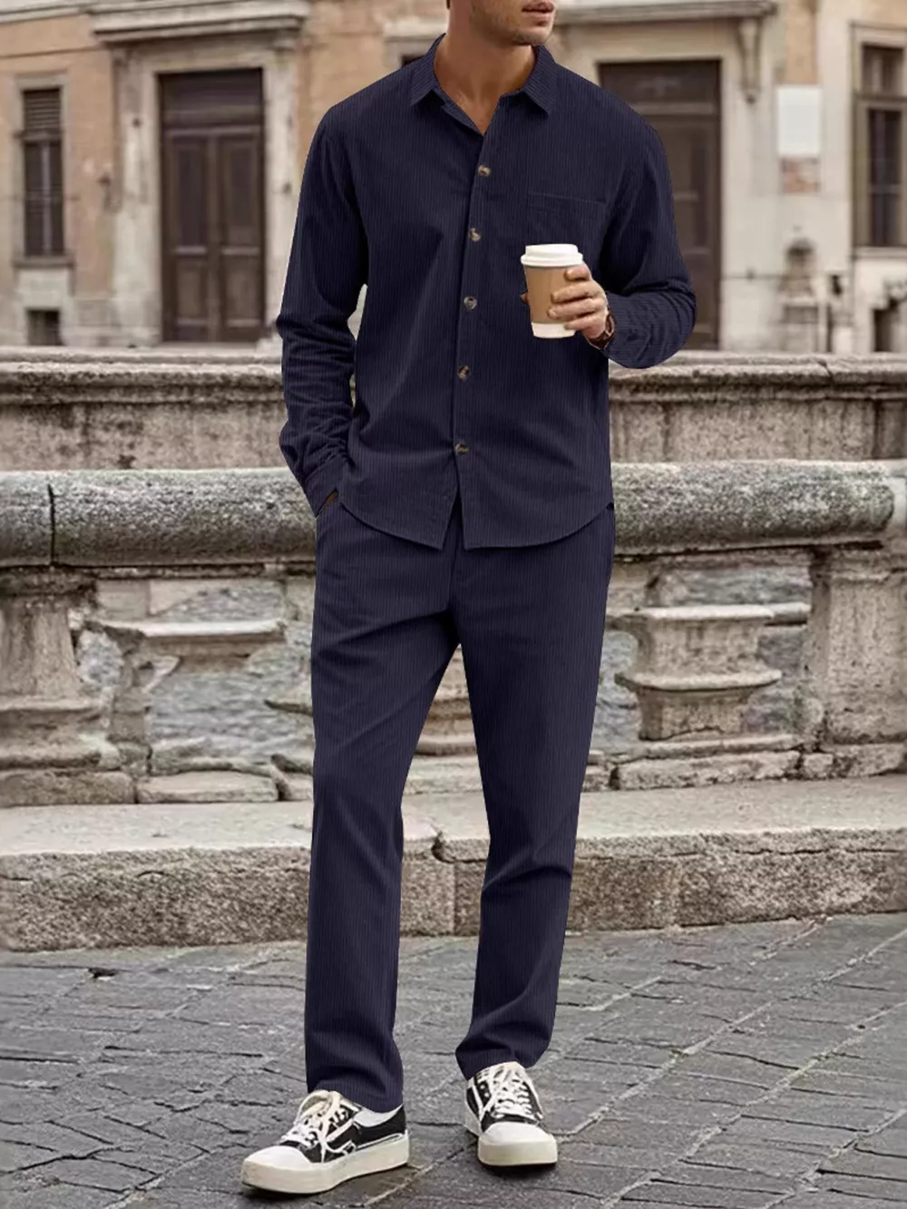 Men's Full Size Button Up Long Sleeve Shirt and Pants Set Plus Size, image 3