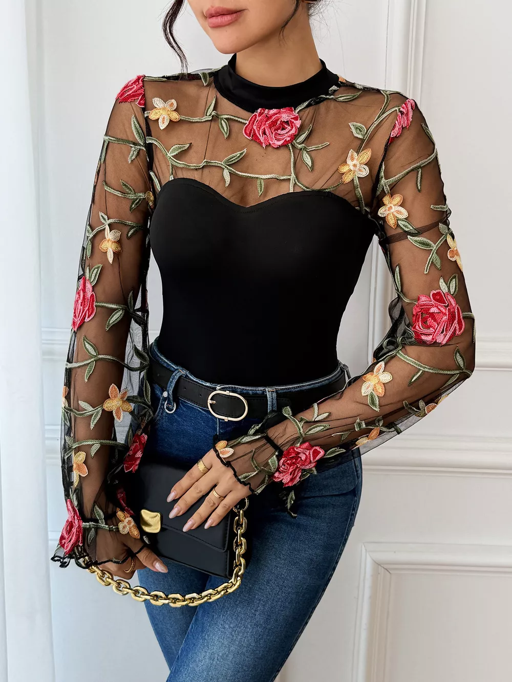 Floral Embroidered Mesh Long Sleeve Bodysuit, image 3