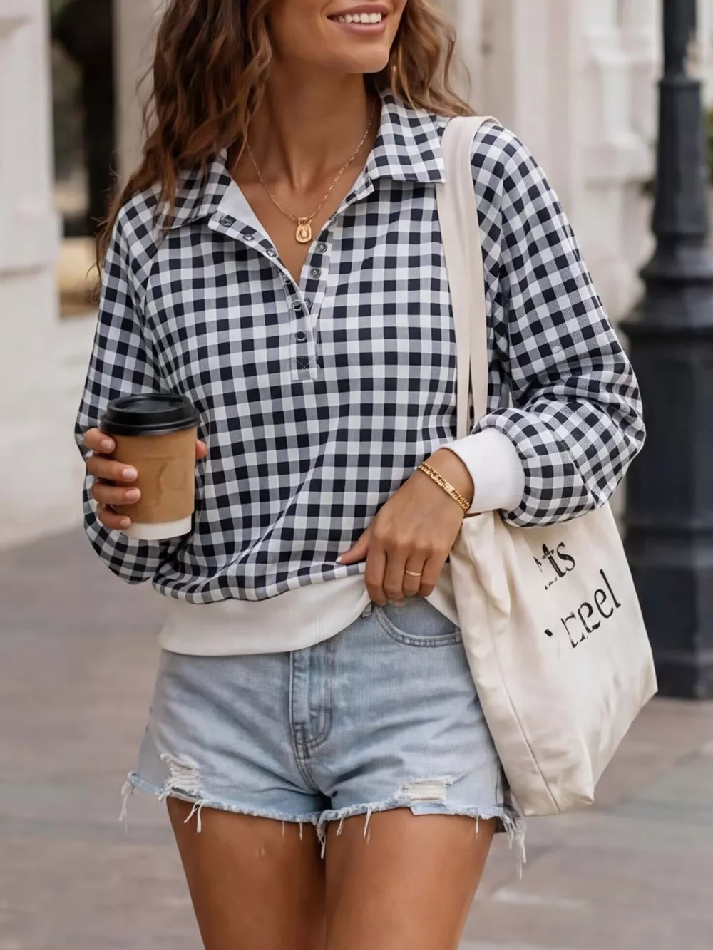 Gingham Plaid Collared Sweatshirt with Ribbed Hem, image 2