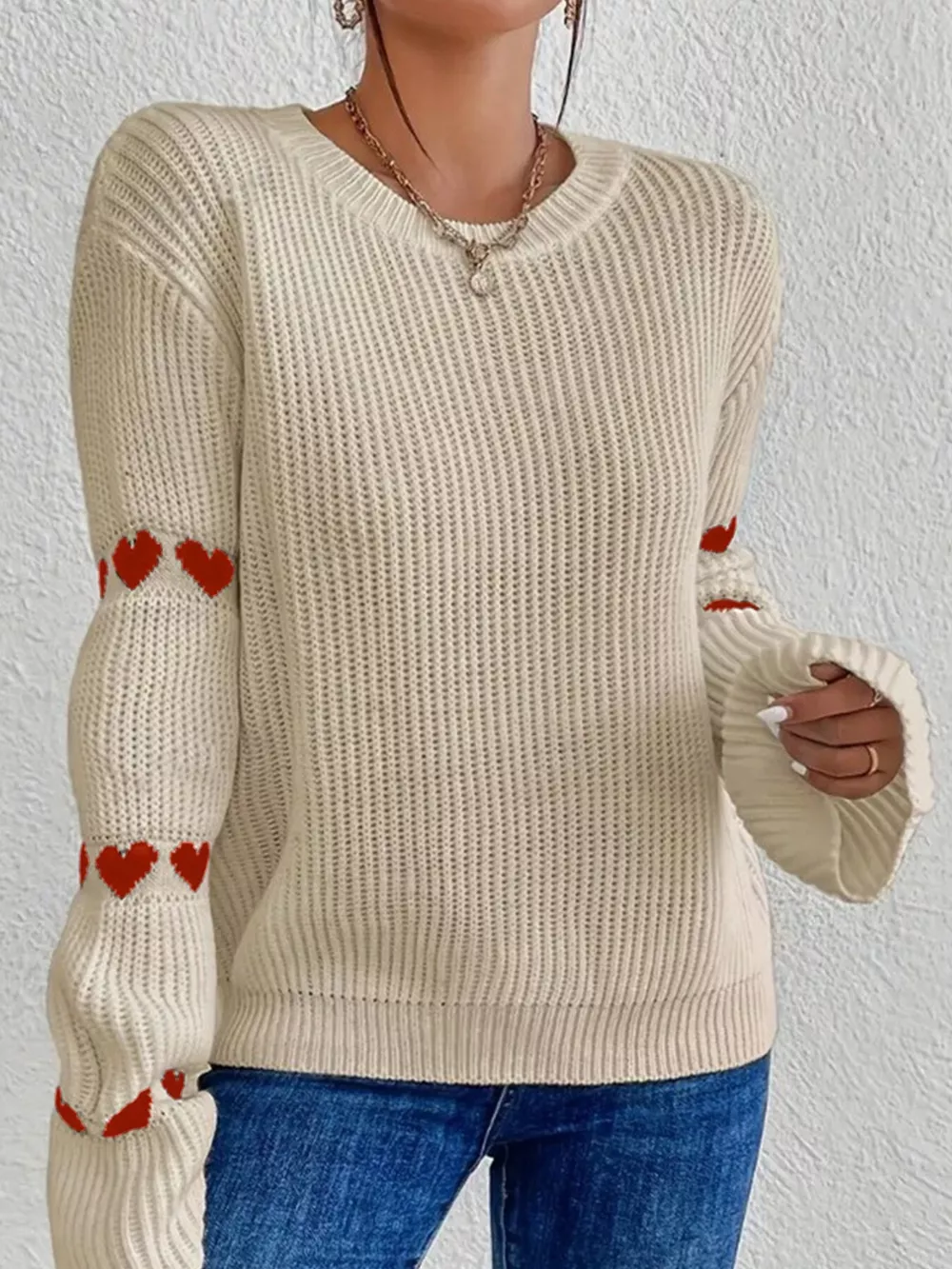 Heart Pattern Dropped Shoulder Sweater, image 11