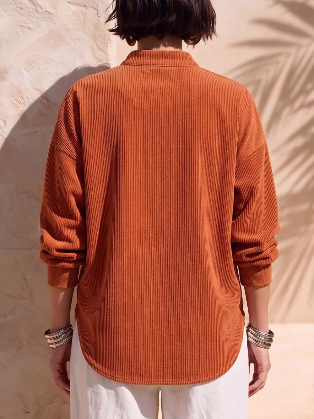Full Size Half Zip Dropped Shoulder Corduroy Top Plus Size, image 2