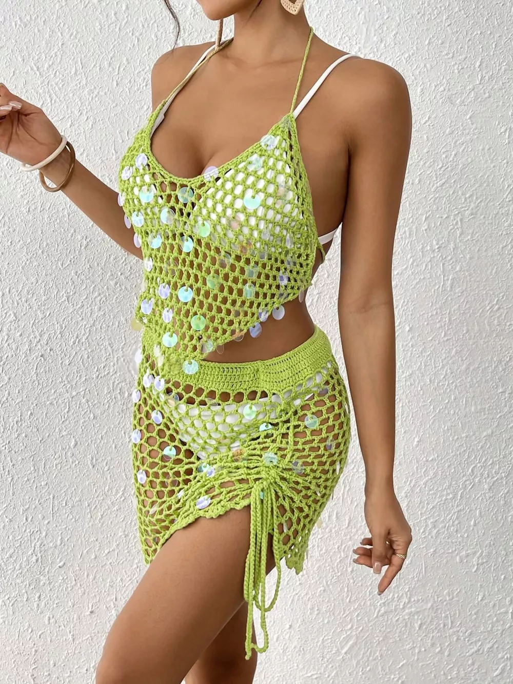 Halter Neck Crochet Knit Top and Skirt Cover Up Set, image 5