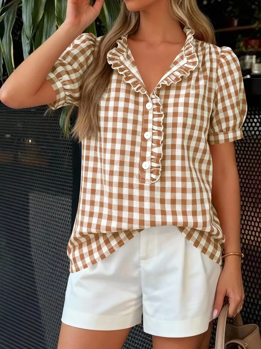 Gingham Button Front Puff Sleeve Blouse, image 5
