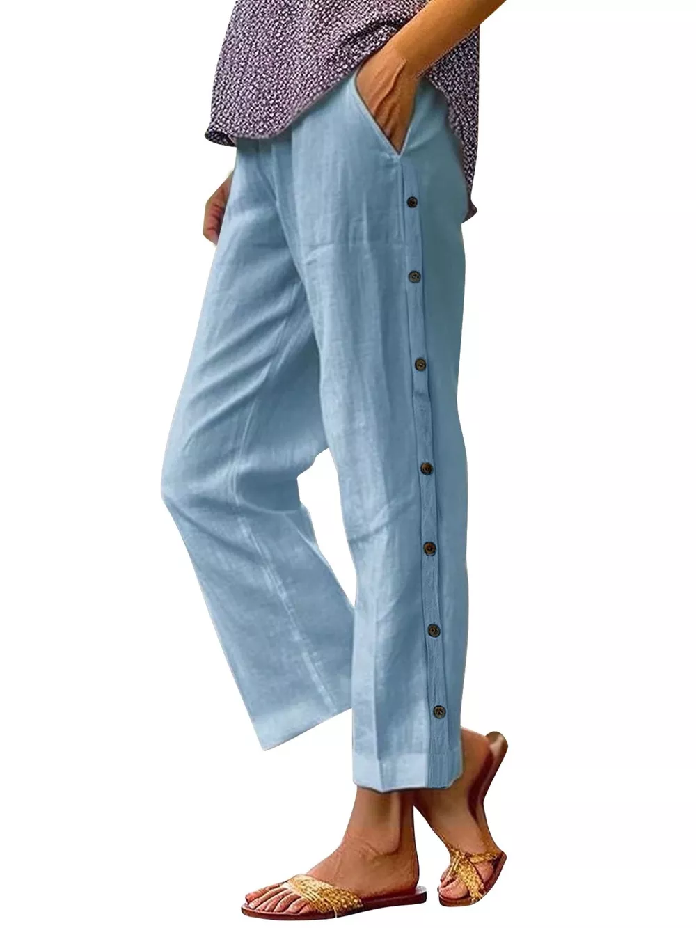 Full Size Side Button Decor Pants Plus Size, image 10