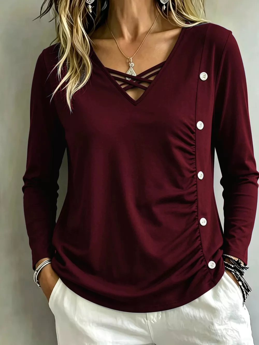 Plus Size Decorative Button Criss-Cross Long Sleeve Top