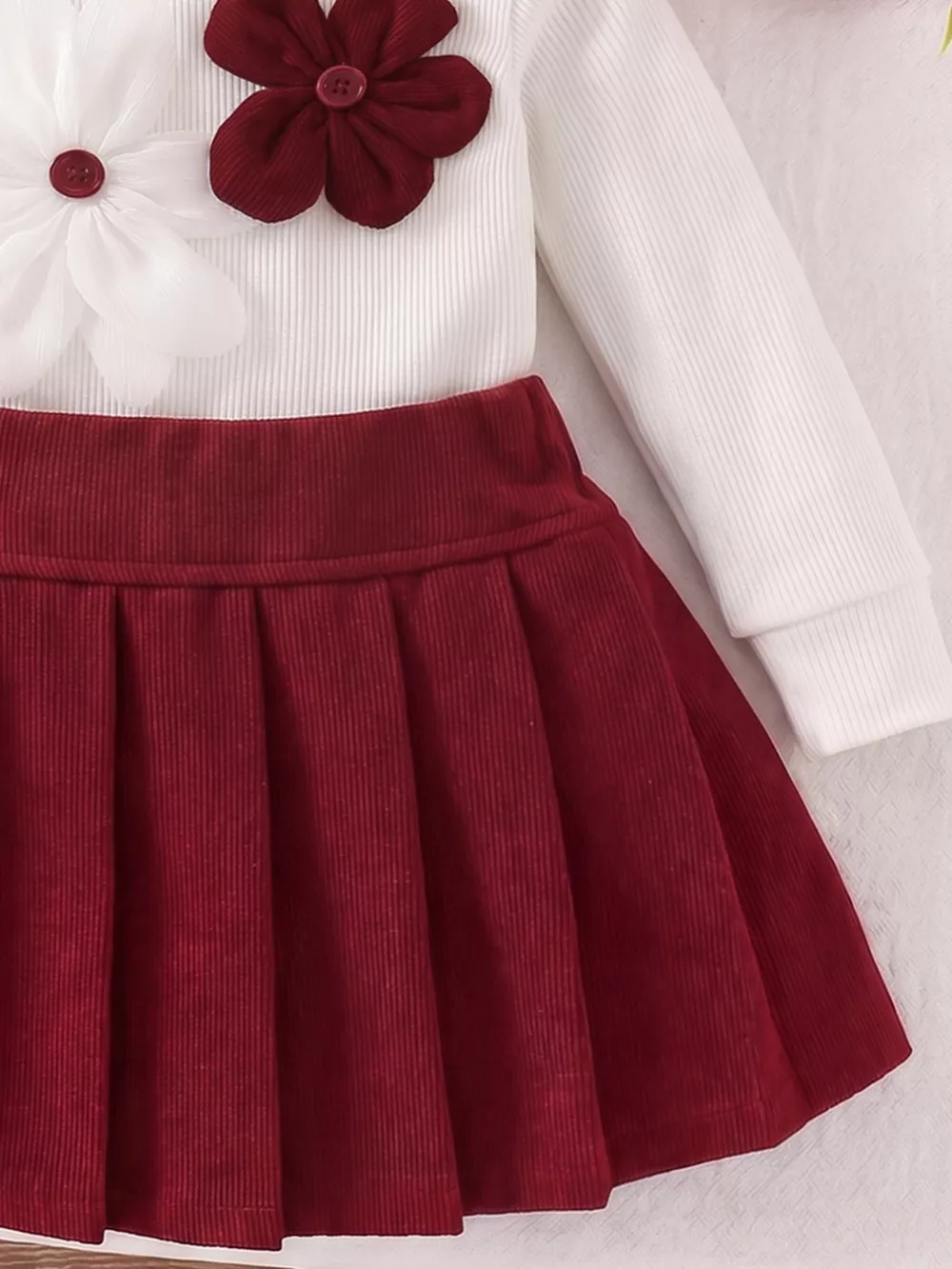 Children's Floral Applique Mock Neck Top and Pleated Skirt Set, image 3