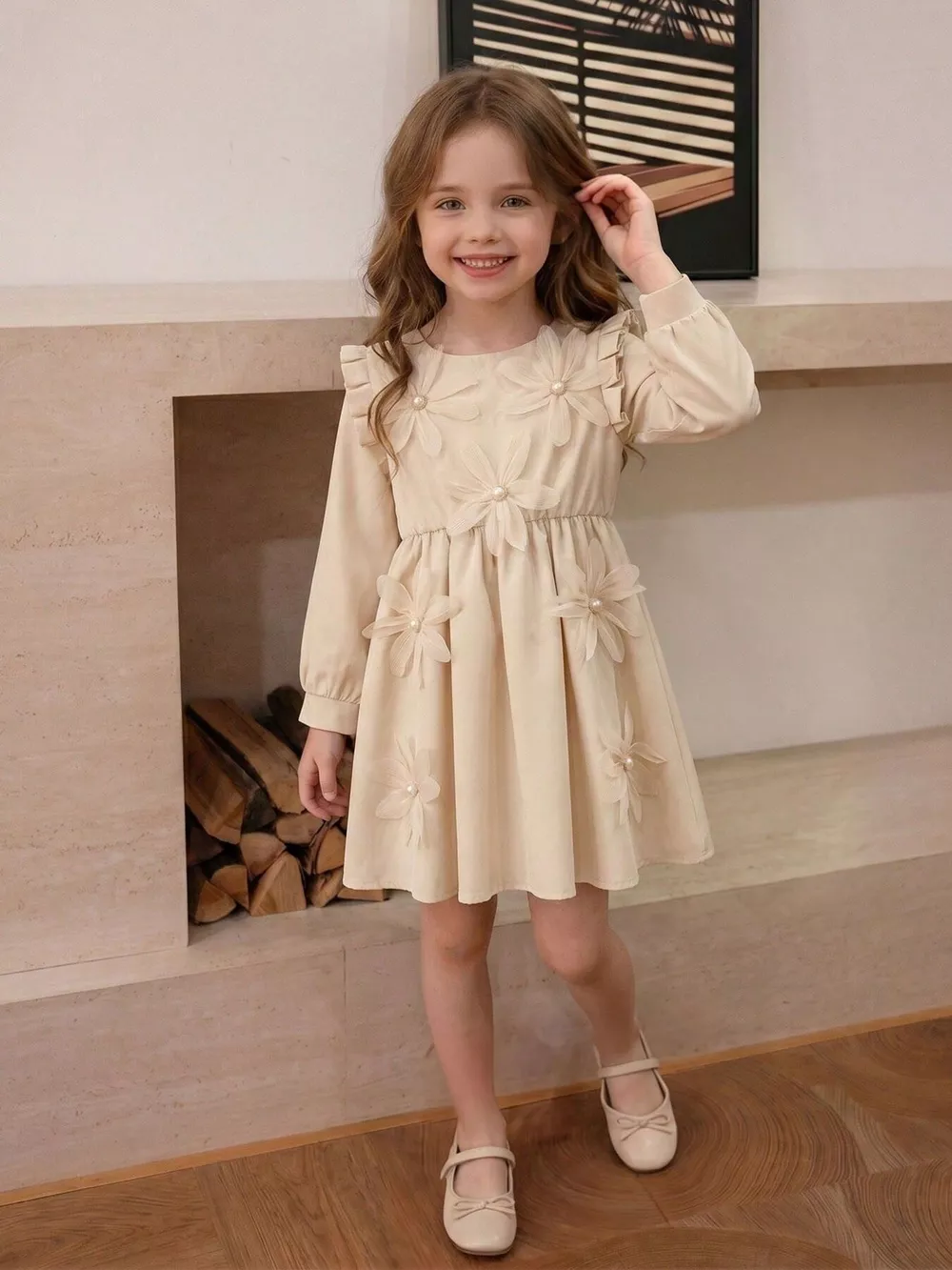 Children's Long-Sleeve Dress with 3D Floral Appliques and Pearl Accents