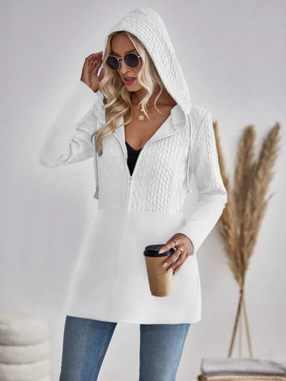 Drawstring Textured Zip Up Drawstring Hooded Jacket, image 7