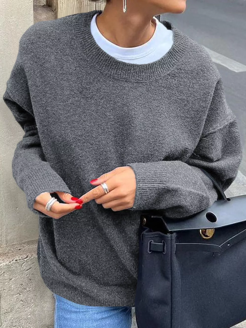Ribbed Round Neck Dropped Shoulder Sweater, image 2