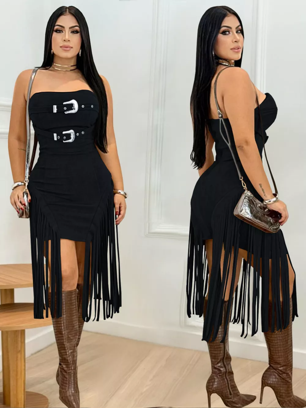 Buckle Detail Fringe Hem Bodycon Dress, image 3