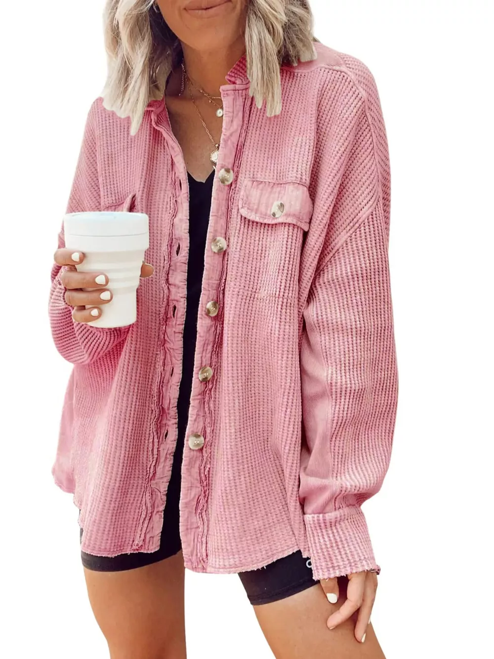 Oversized Waffle Knit Button-Up Jacket, image 5