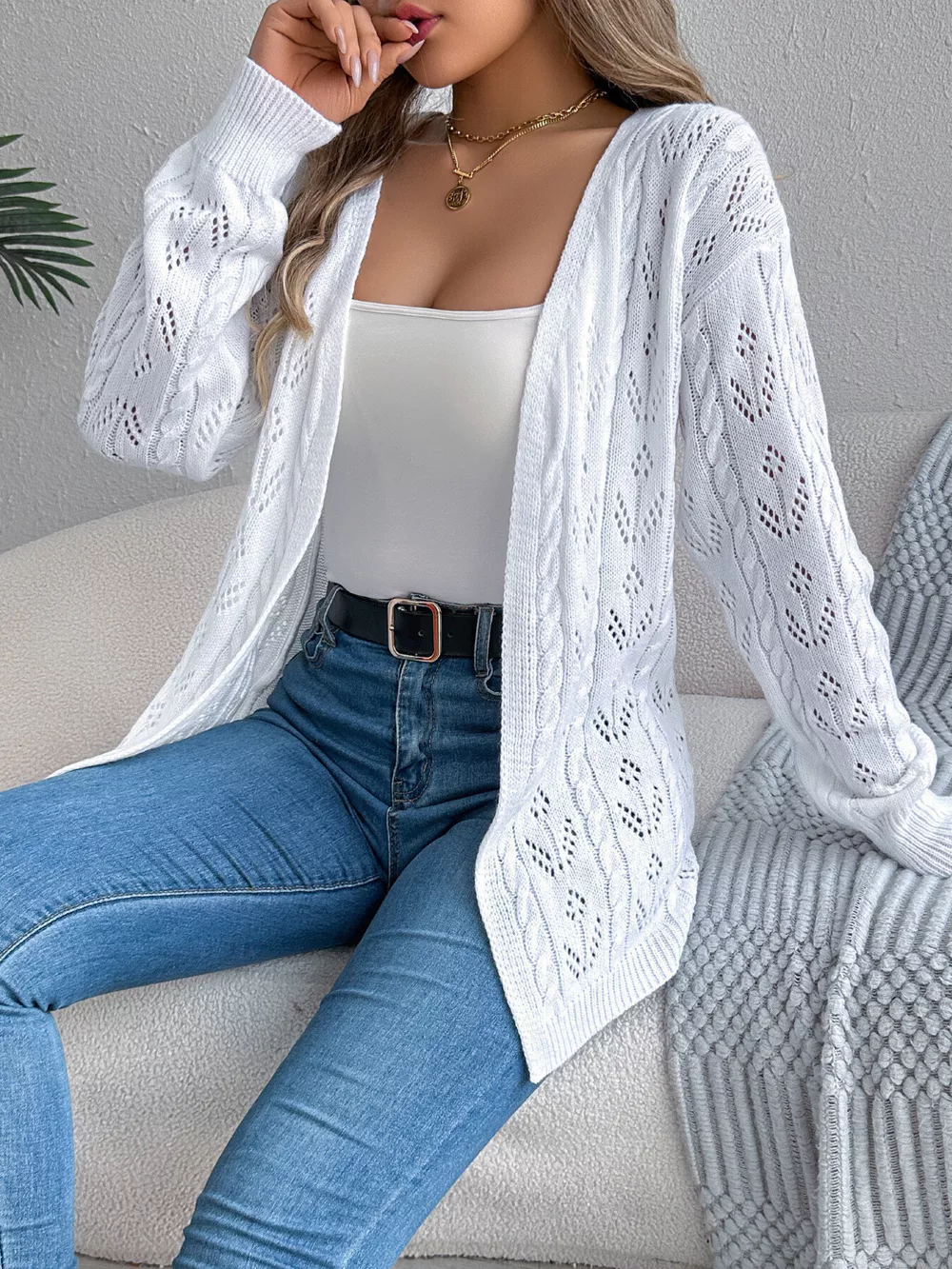 Openwork Open Front Long Sleeve Cardigan, image 8
