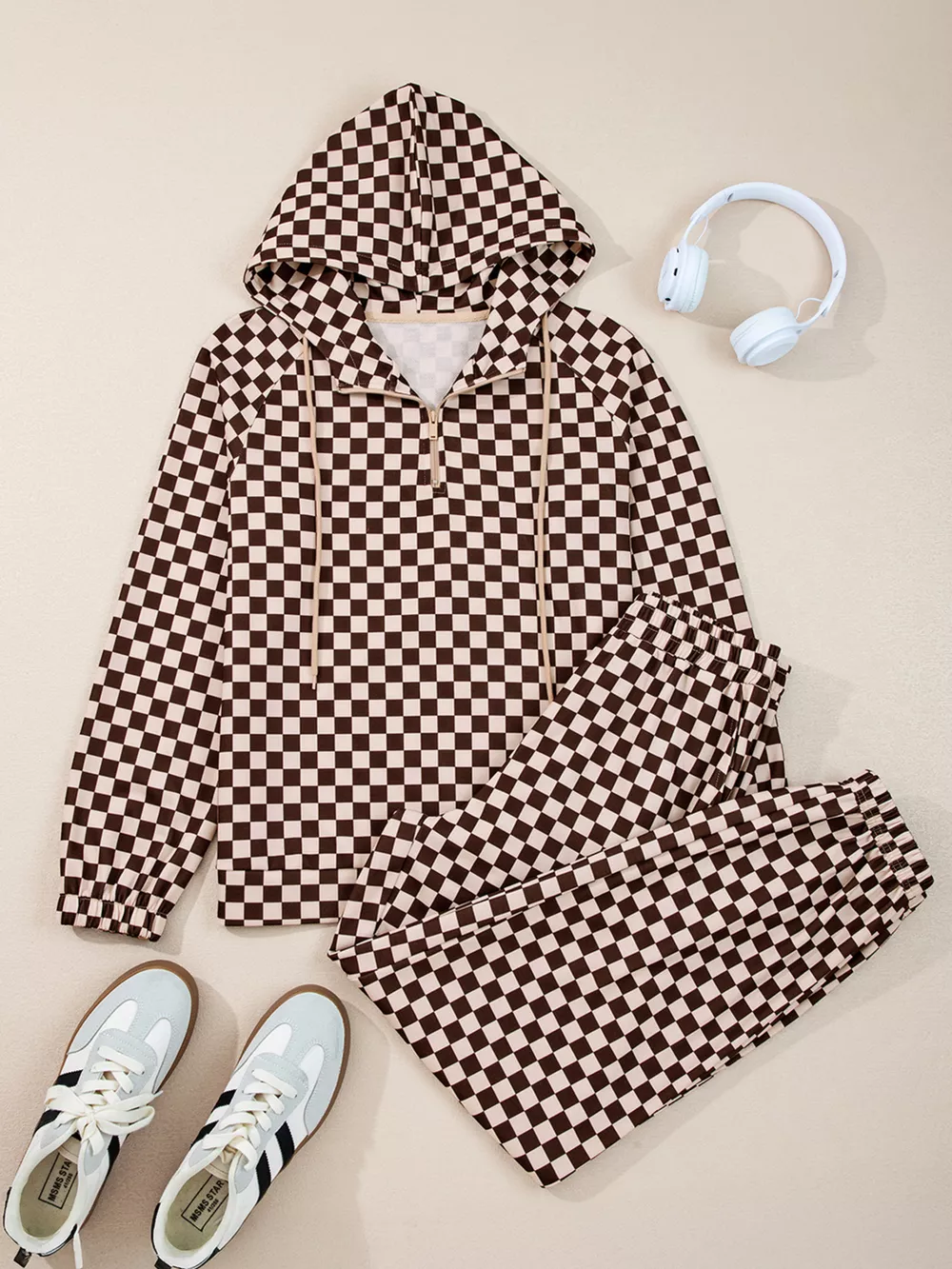 Checkered Drawstring Hoodie and Pants Set, image 11