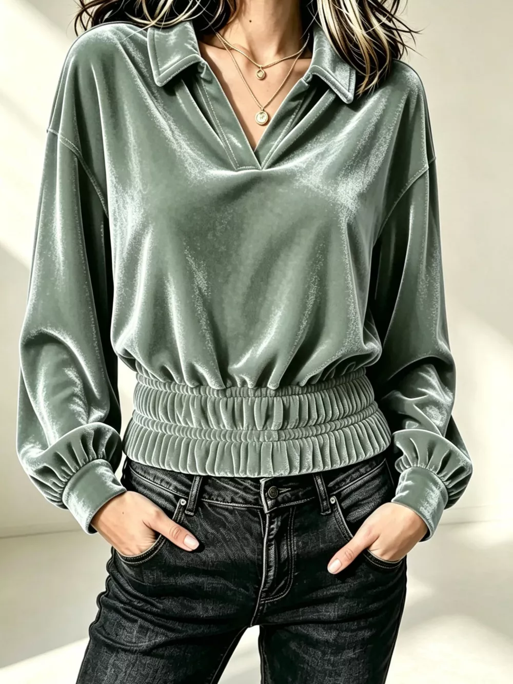 Velvet Johnny Collar Long Sleeve Blouse, image 11