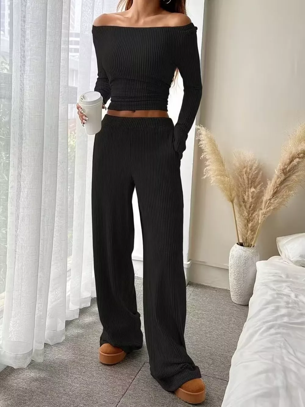 Ribbed Knit Boat Neck Top and Pants Set, image 7