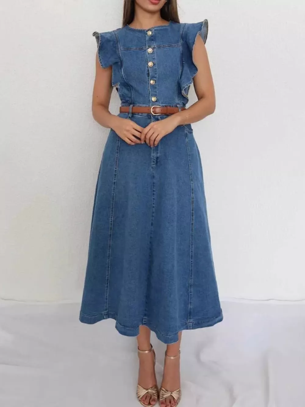 Ruffled Button Front Denim Dress
