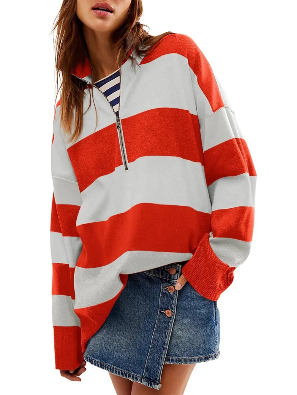 Striped Half-Zip Oversized Sweatshirt, image 6