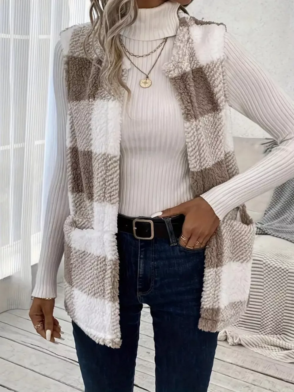Cozy Plaid Sherpa Vest Coat, image 5