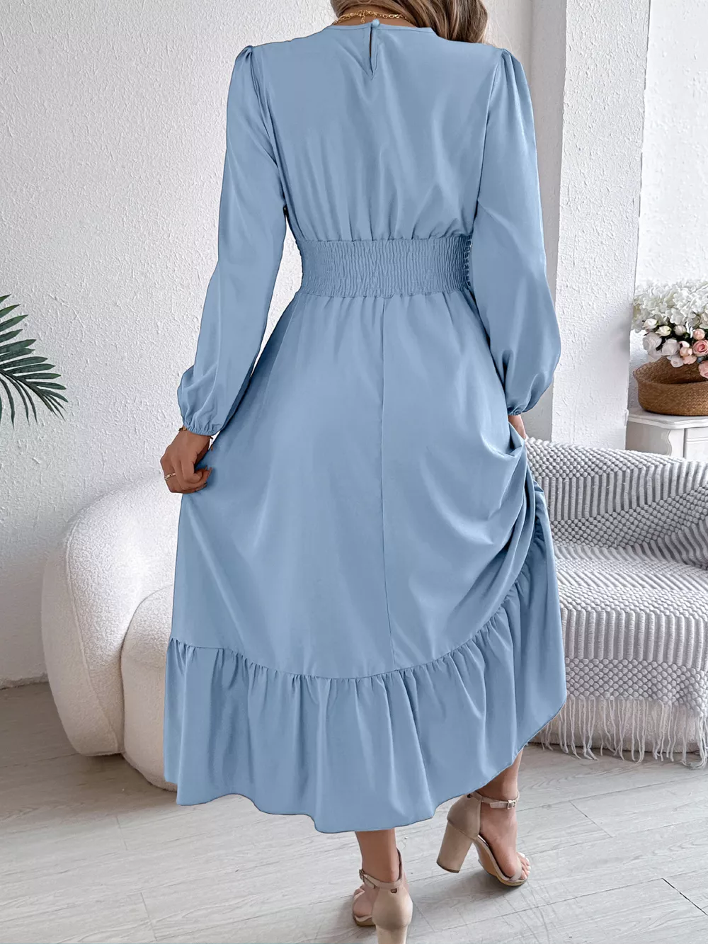 Round Neck Balloon Sleeve Tiered Dress, image 8