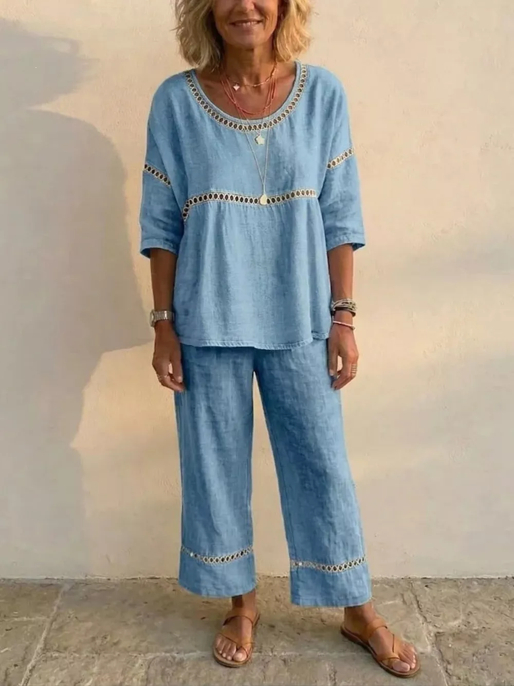 Full Size Hollow-Out Detailing Top and Pants Set Plus Size, image 5