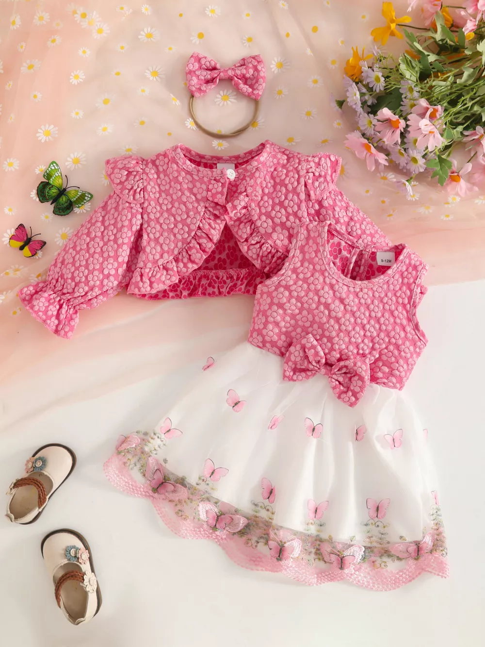 Children's Floral and Butterfly Dress and Cardigan Set with Headband