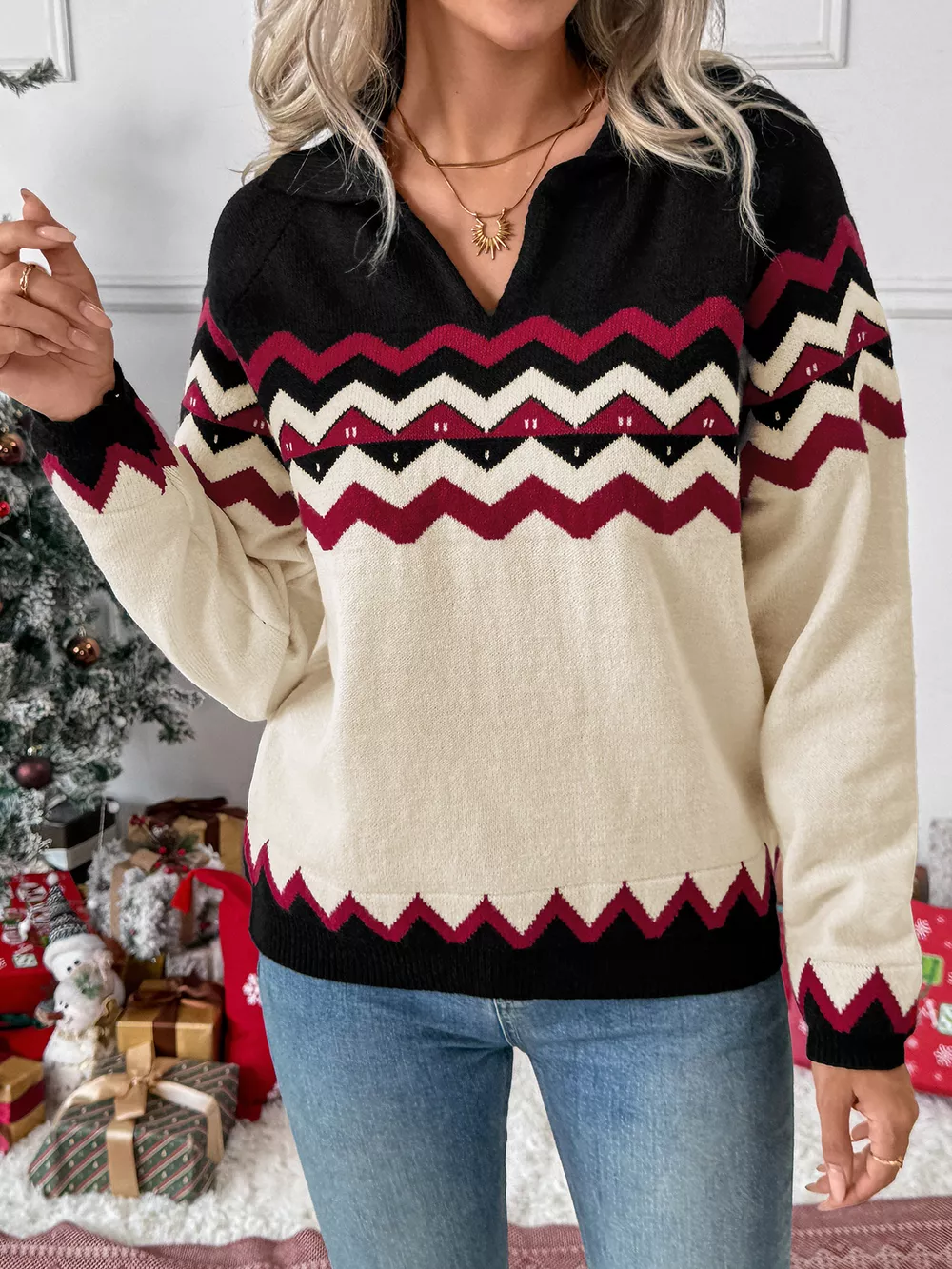 Chevron Pattern Long Sleeve Sweater, image 5
