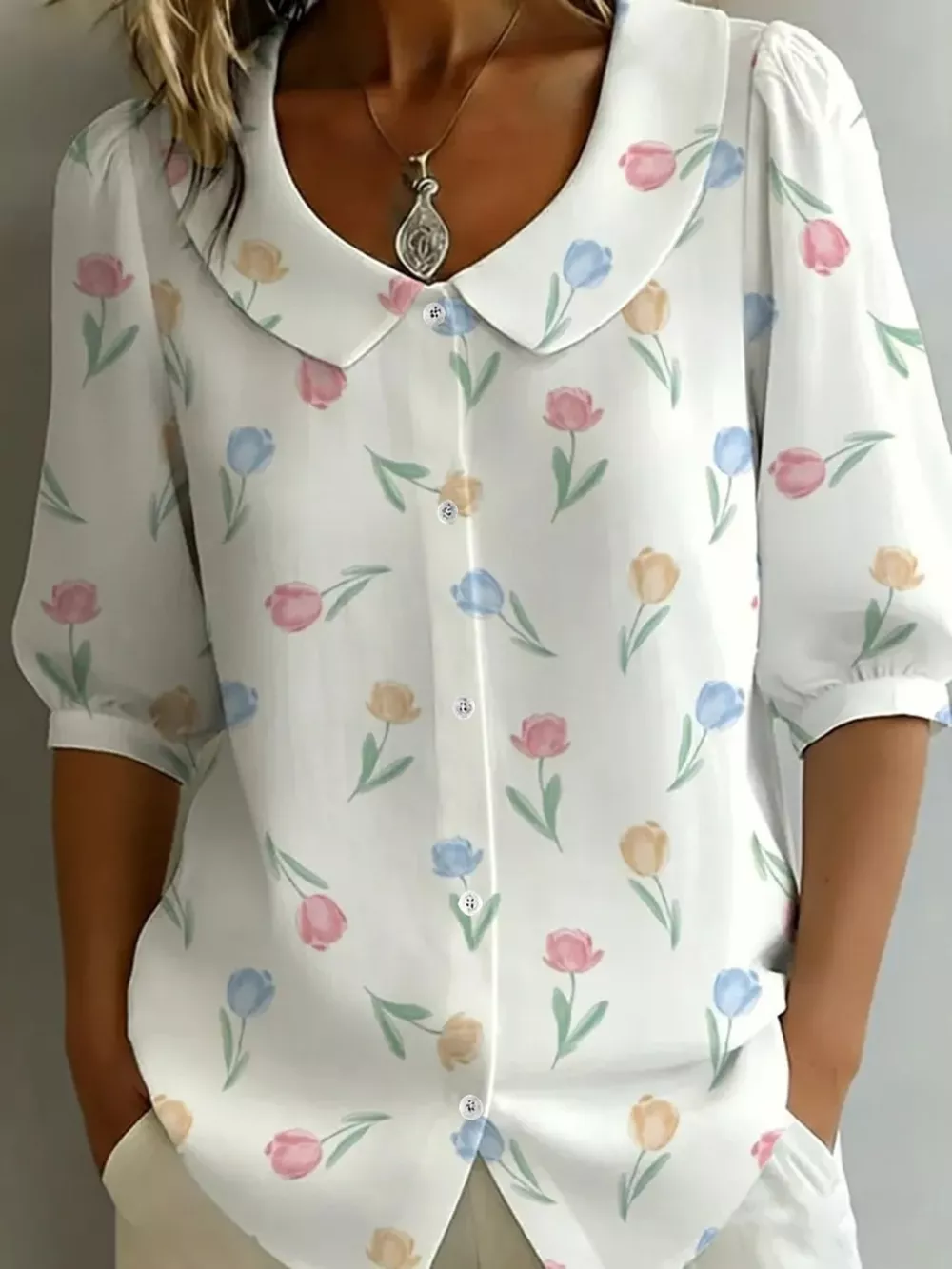 Daisy Print Peter Pan Collar Button-Down Shirt, image 3