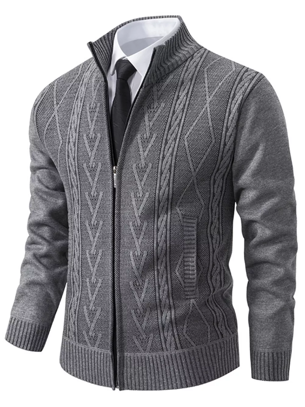 Men's Plus Size Stand-Collar Full-Zip Cable Knit Cardigan, image 4
