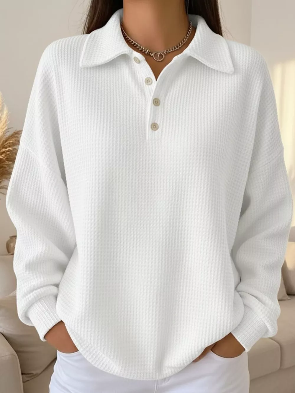 Full Size Waffle Knit Button Detail Sweatshirt Plus Size, image 13