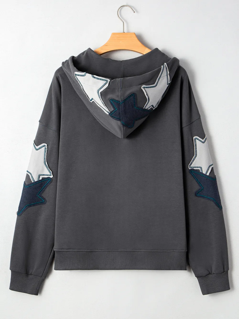 Star Patchwork Contrast Stitching Mineral Wash Kangaroo Pocket Hoodie, image 5