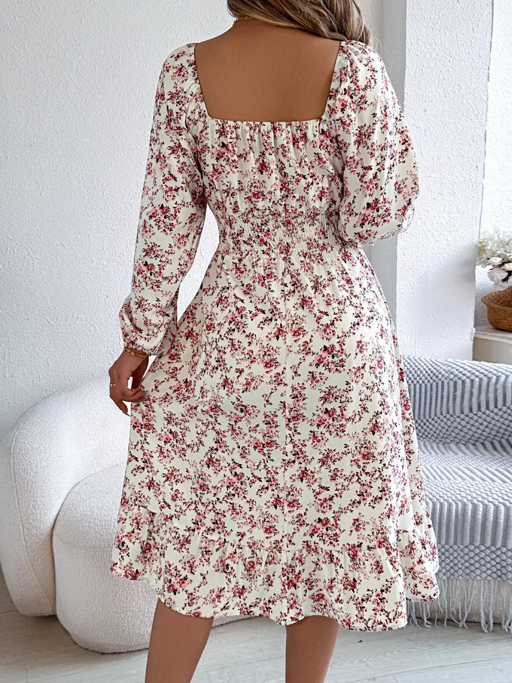 Floral Print Long Sleeve Square Neck Midi Dress, image 7