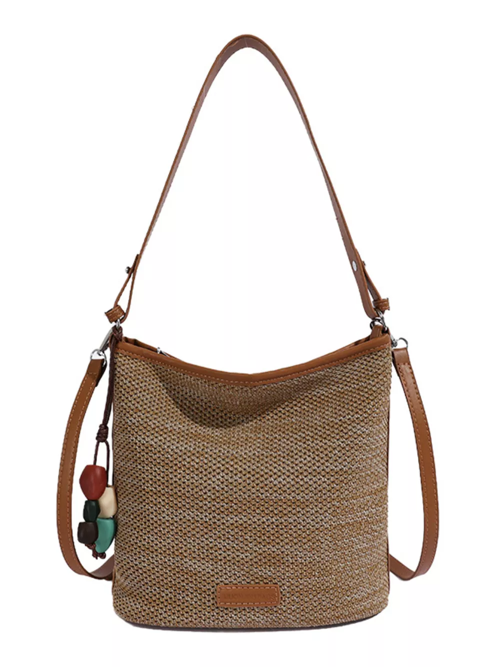 Straw Crossbody Bag with Leather Trim and Tassel Charm, image 4