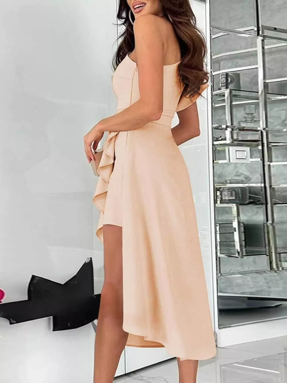 One-Shoulder Ruffle High-Low Dress, image 2