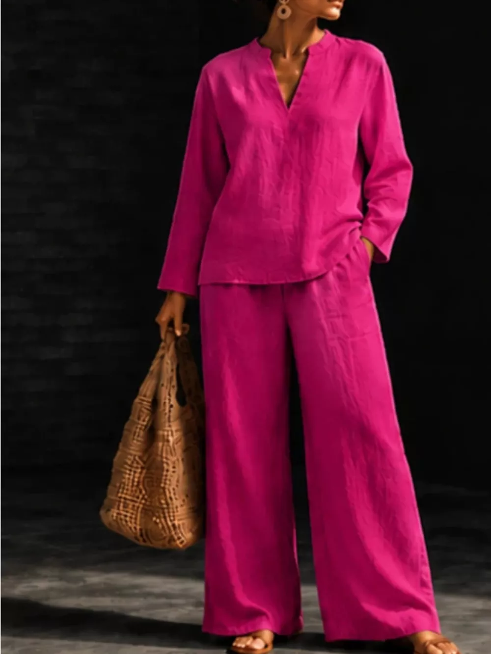 Notched Long Sleeve Top and Pants Set, image 26