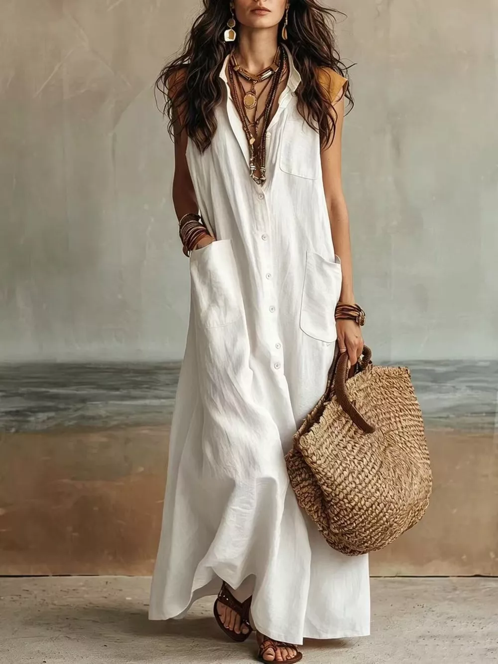 Sleeveless Button-Down Linen Maxi Dress, image 8