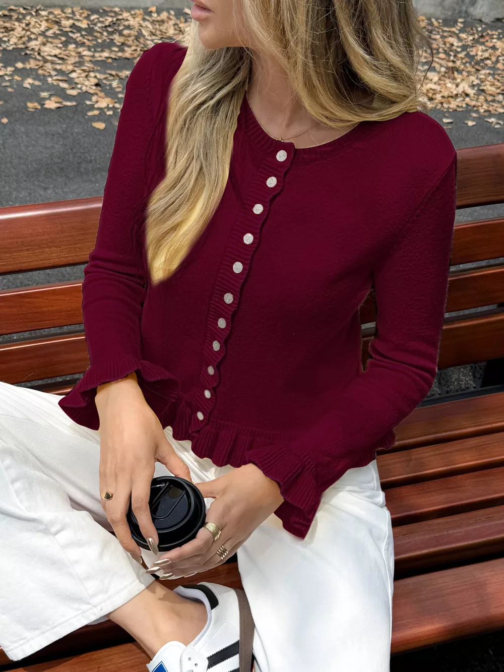 Ruffled Trim Button-Up Knit Cardigan, image 9
