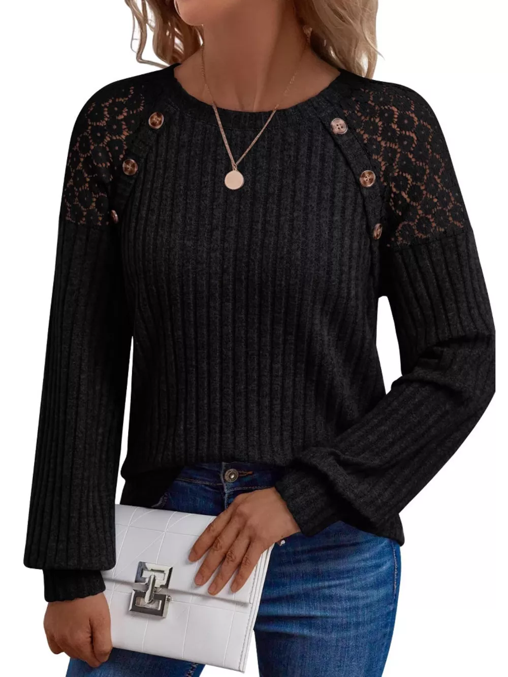 Ribbed Knit T-Shirt with Lace Shoulder Detail, image 12