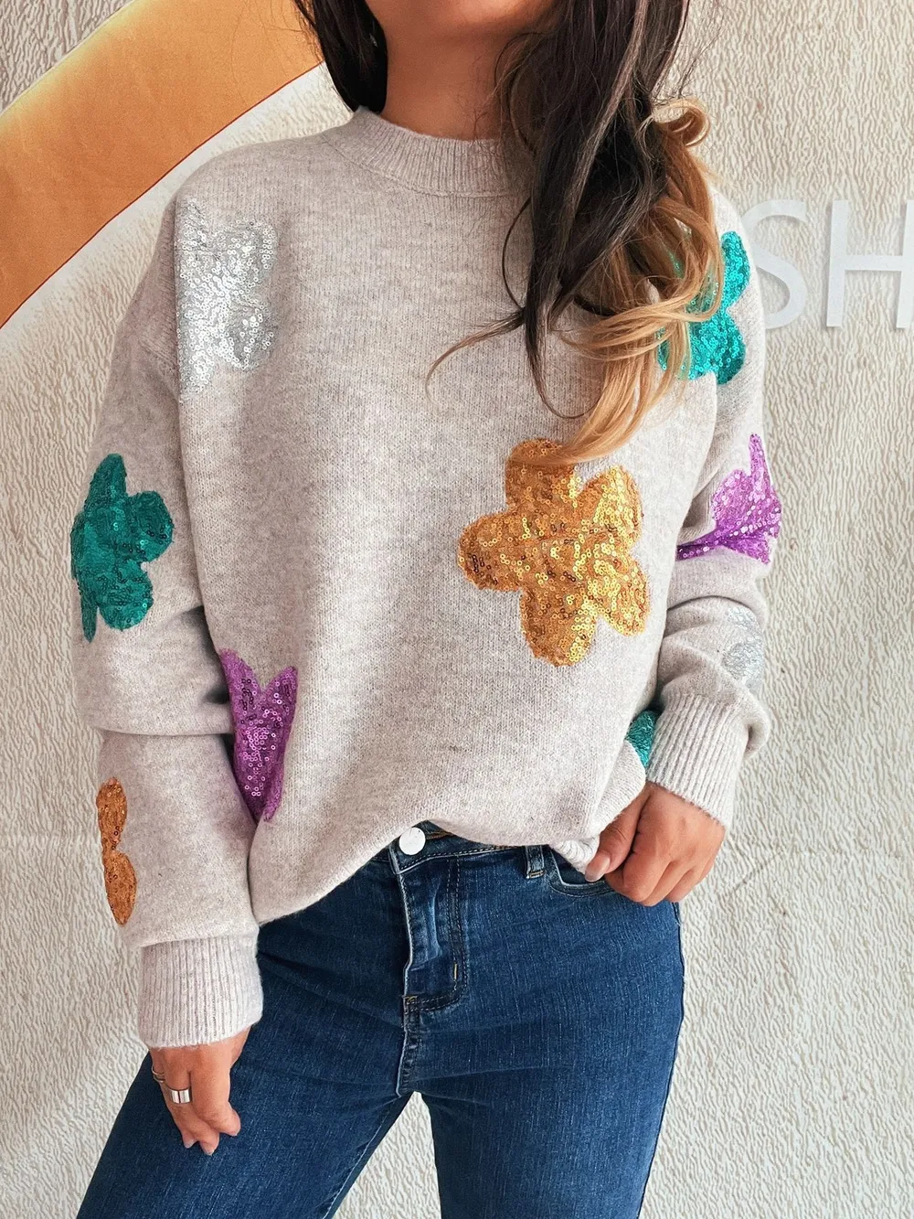 Sequin Flower Round Neck Long Sleeve Sweater, image 6