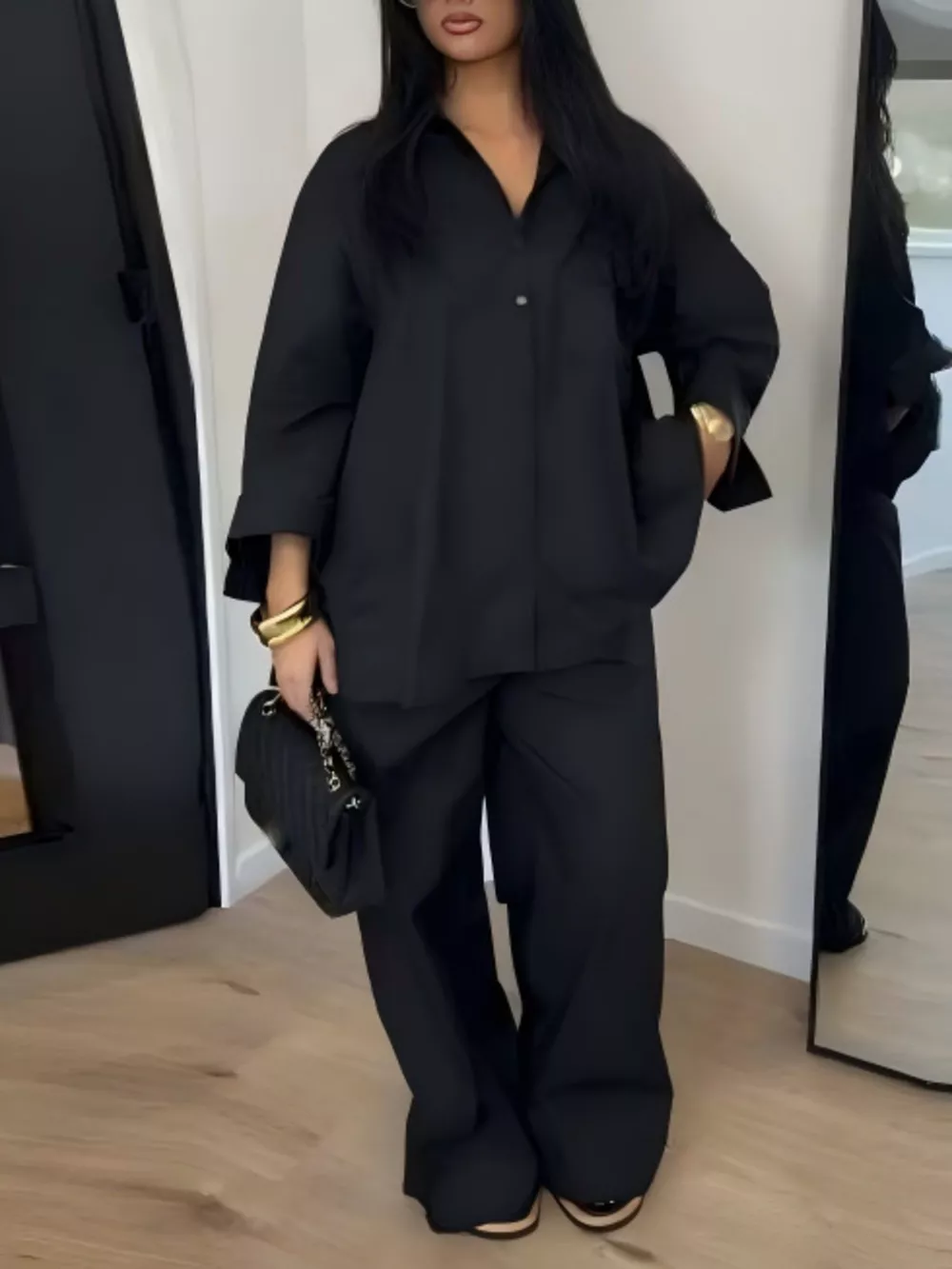 Button-Down Shirt and Wide-Leg Pants Two-Piece Set, image 6