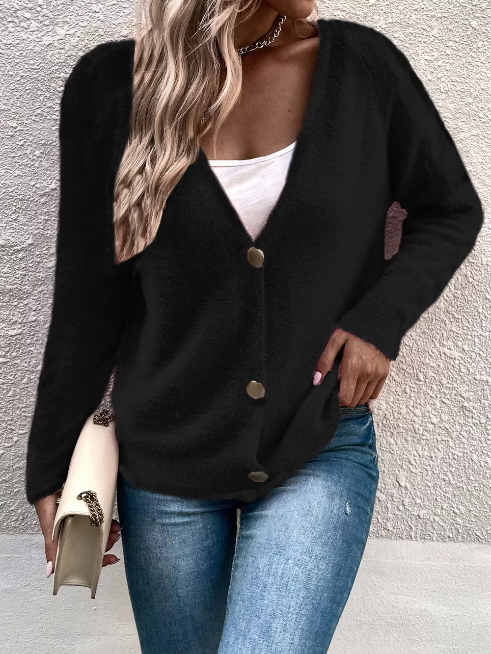 Soft Fuzzy V-Neck Button-Down Cardigan, image 10