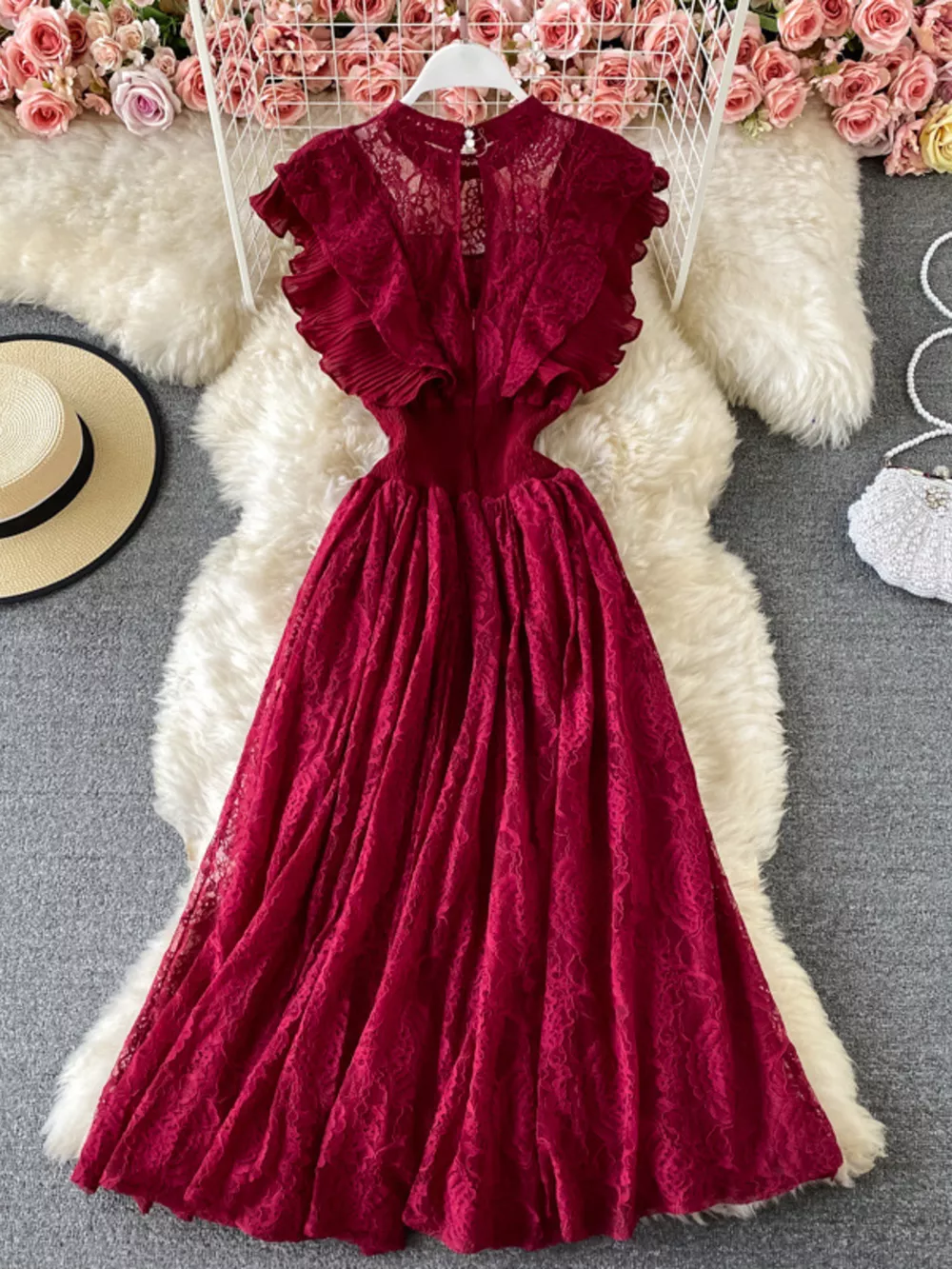 Ruffled Mock Neck Lace Maxi Dress, image 21