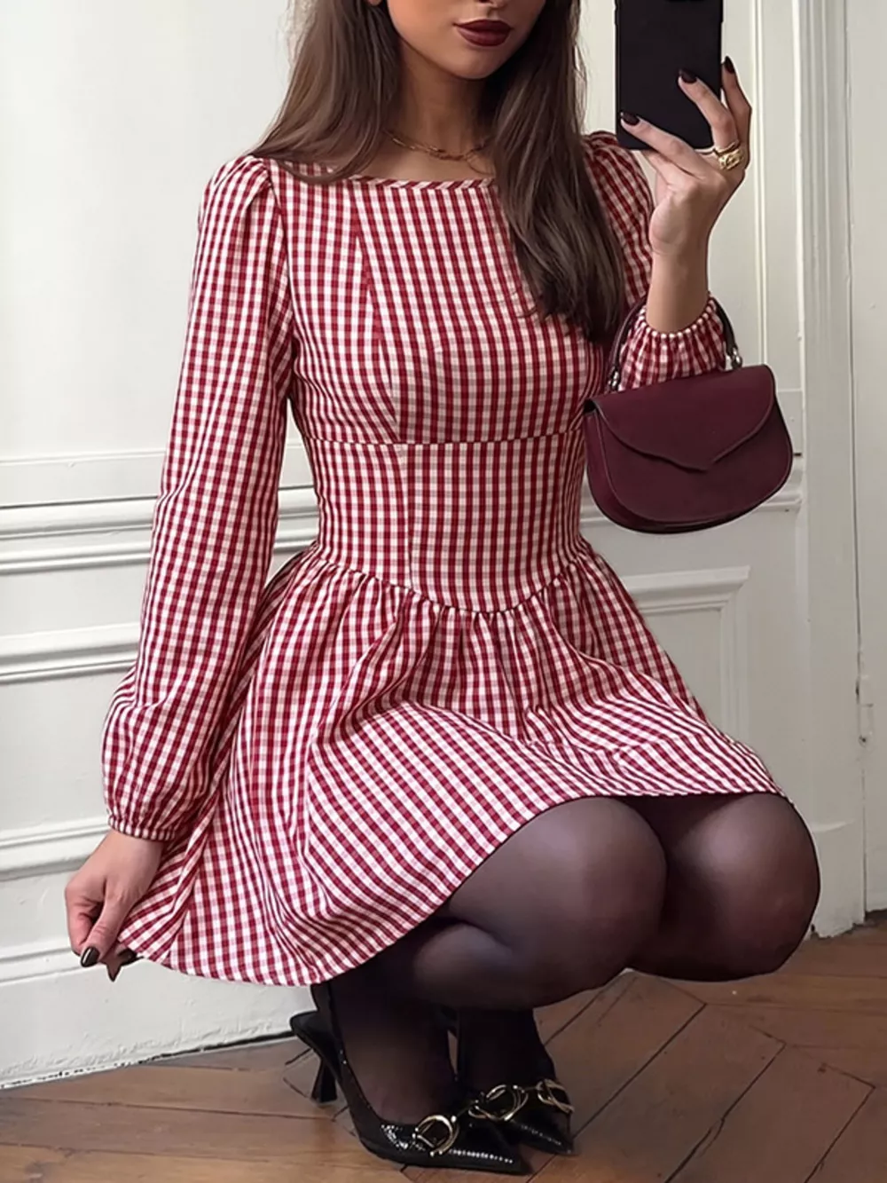 Backless Plaid Long Sleeve Dress, image 3