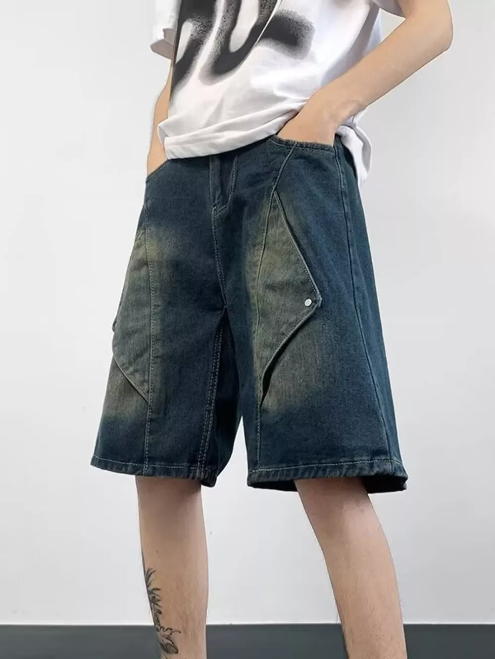 Men's Plus Size Wash Denim Shorts with Pockets, image 6