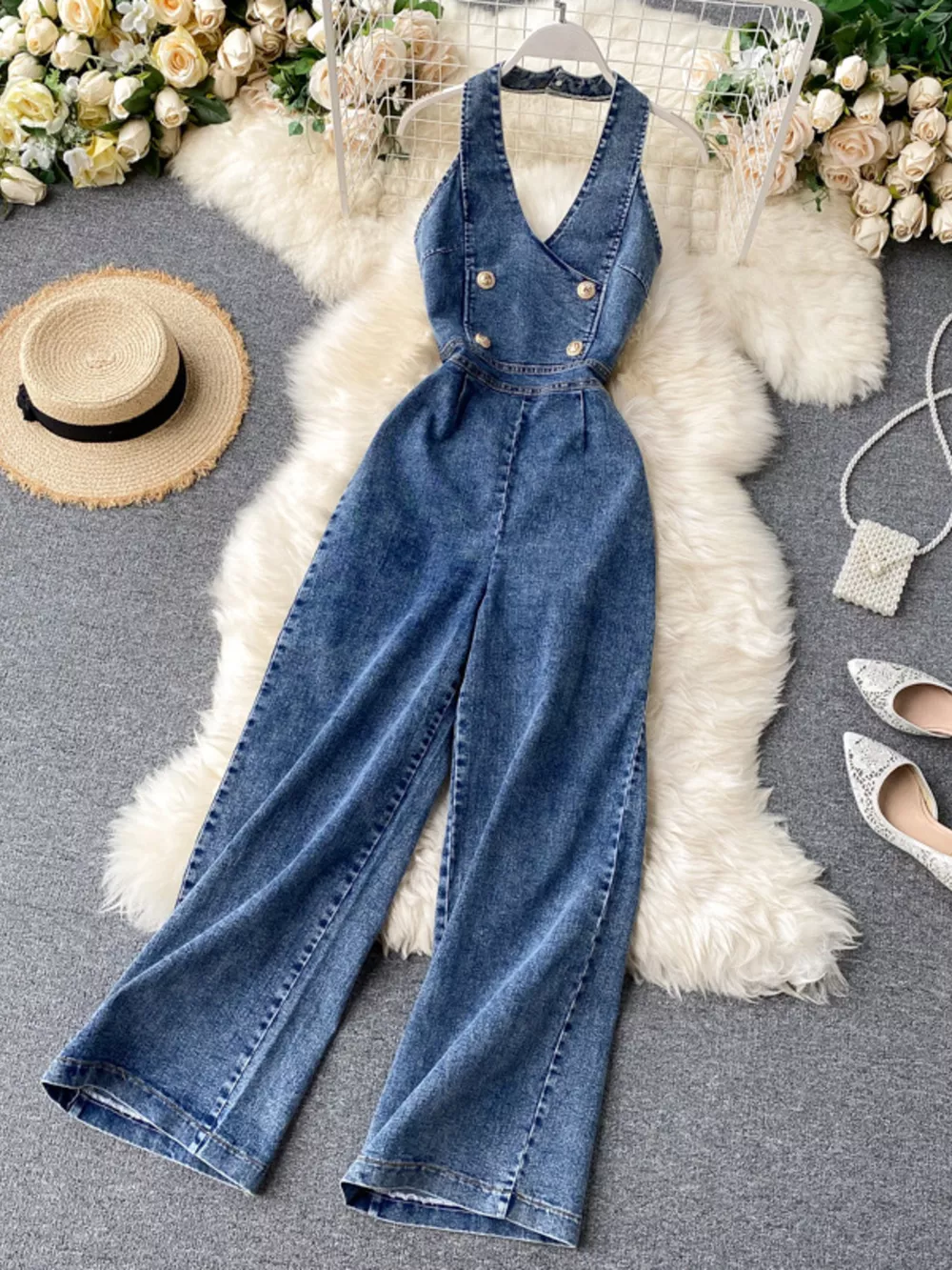 Halter Neck Wide Leg Denim Jumpsuit, image 5